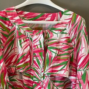 Ruby Rd Woman Pink Green Tropical Palm Linen Blend Zip Up Jacket 18W